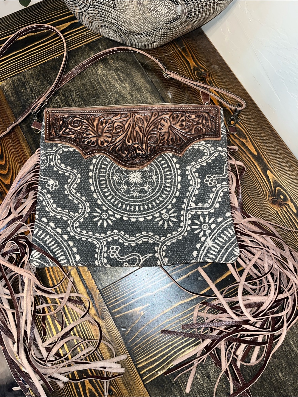 Myra Bag Fringe Crossbody Bag with Tooled Leather